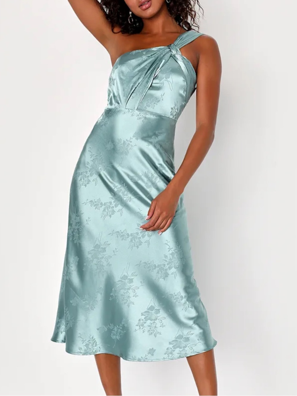 Lulus Adored Arrival Sage Blue Floral Satin One-Shoulder Midi Dress NWT